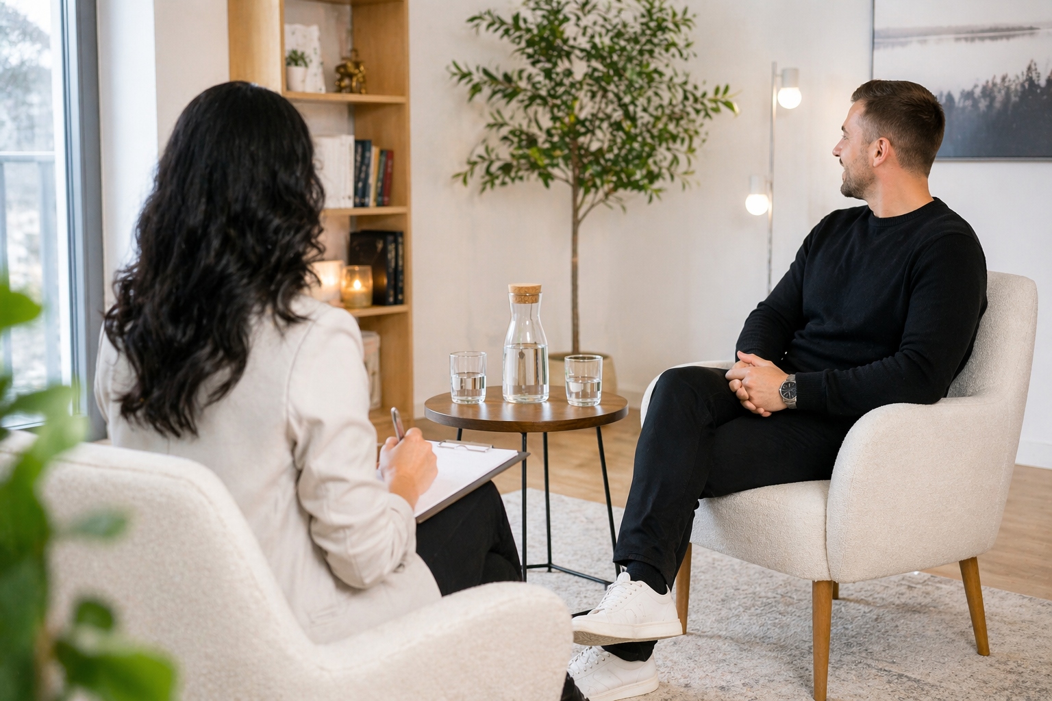 Coaching-Sitzung in einem ruhigen Büro mit Pflanzen und Kerzen, Klient sitzt Katrin Bench gegenüber