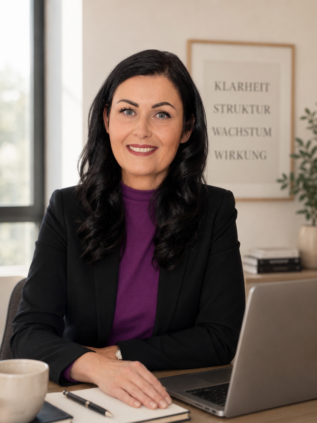 Katrin Bench am Schreibtisch mit Laptop, im Hintergrund ein Poster mit den Worten Klarheit, Struktur, Wachstum, Wirkung